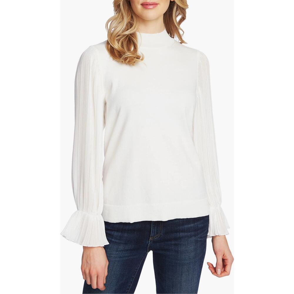 CeCe Pleated Sleeve Mock Neck Sweater in Antique White Size M